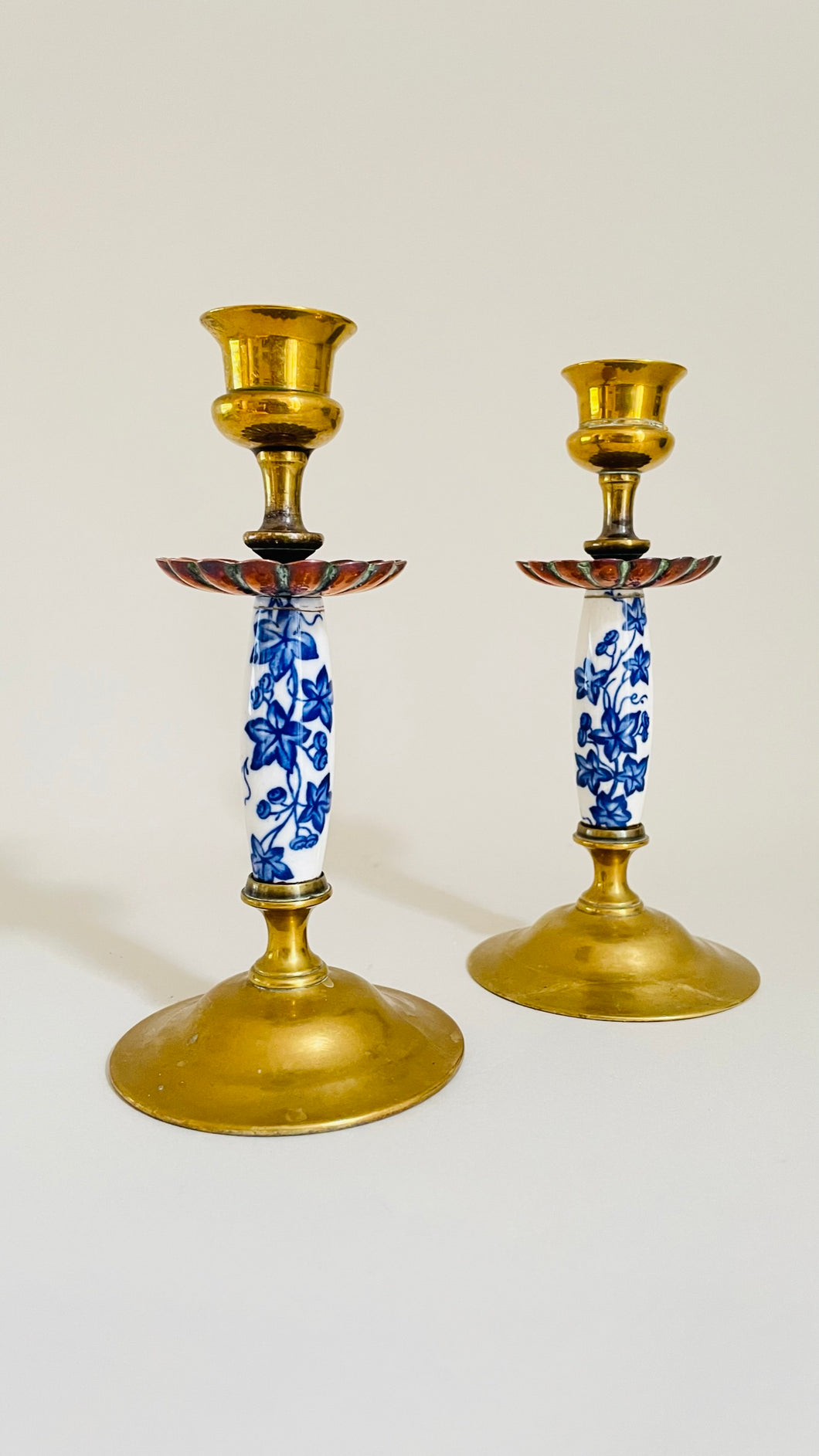 Pair of Vintage Brass and Porcelain Candlesticks