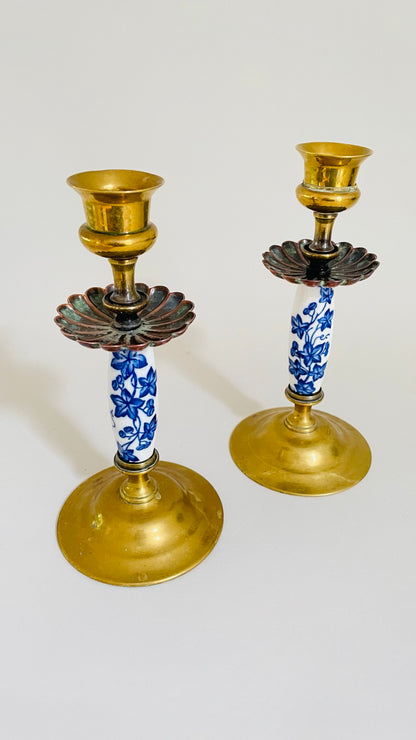 Pair of Vintage Brass and Porcelain Candlesticks