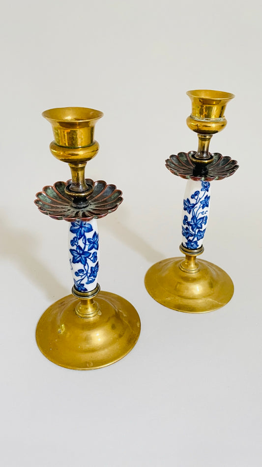 Pair of Vintage Brass and Porcelain Candlesticks