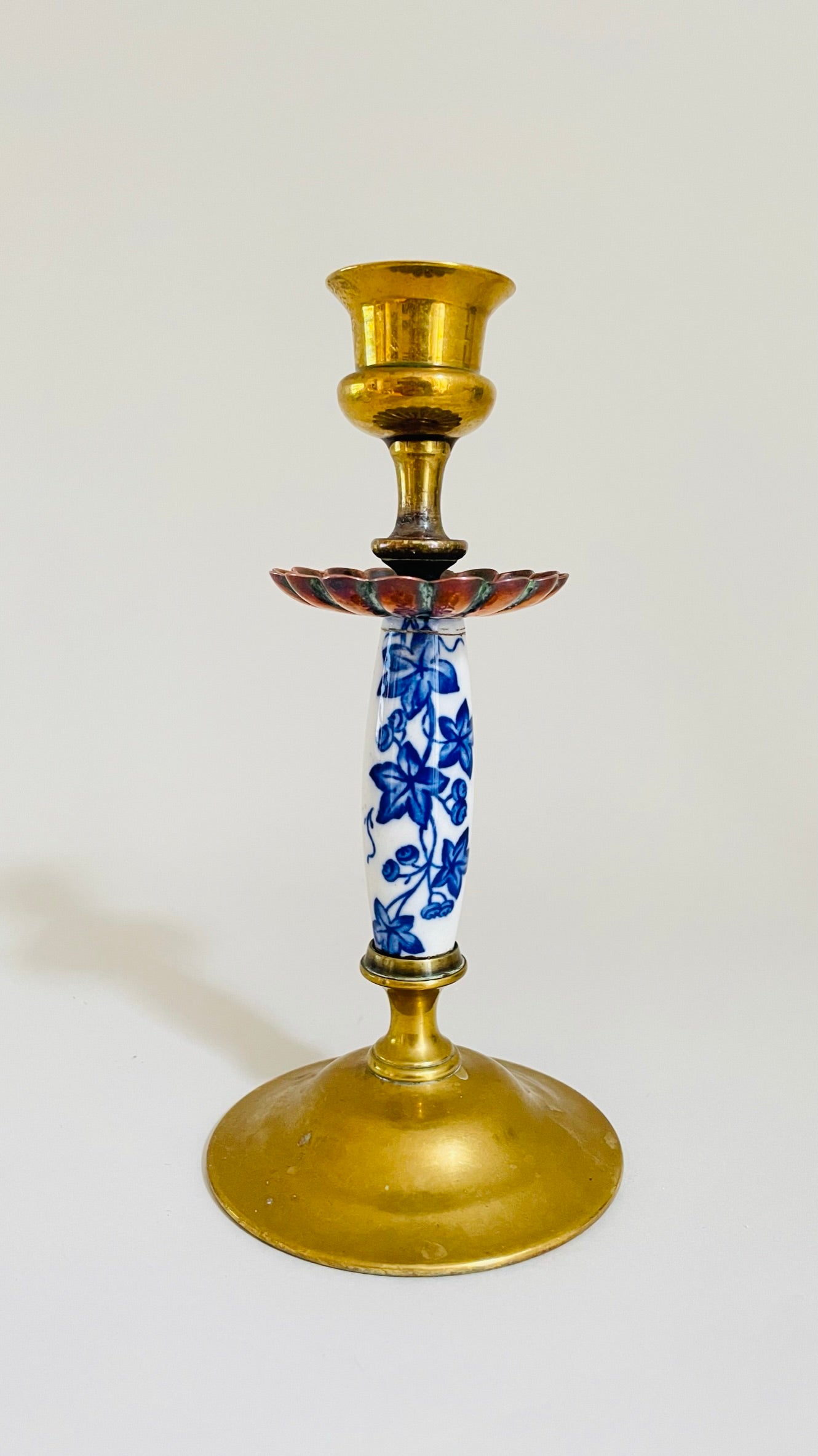 Pair of Vintage Brass and Porcelain Candlesticks