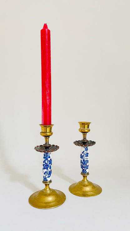 Pair of Vintage Brass and Porcelain Candlesticks